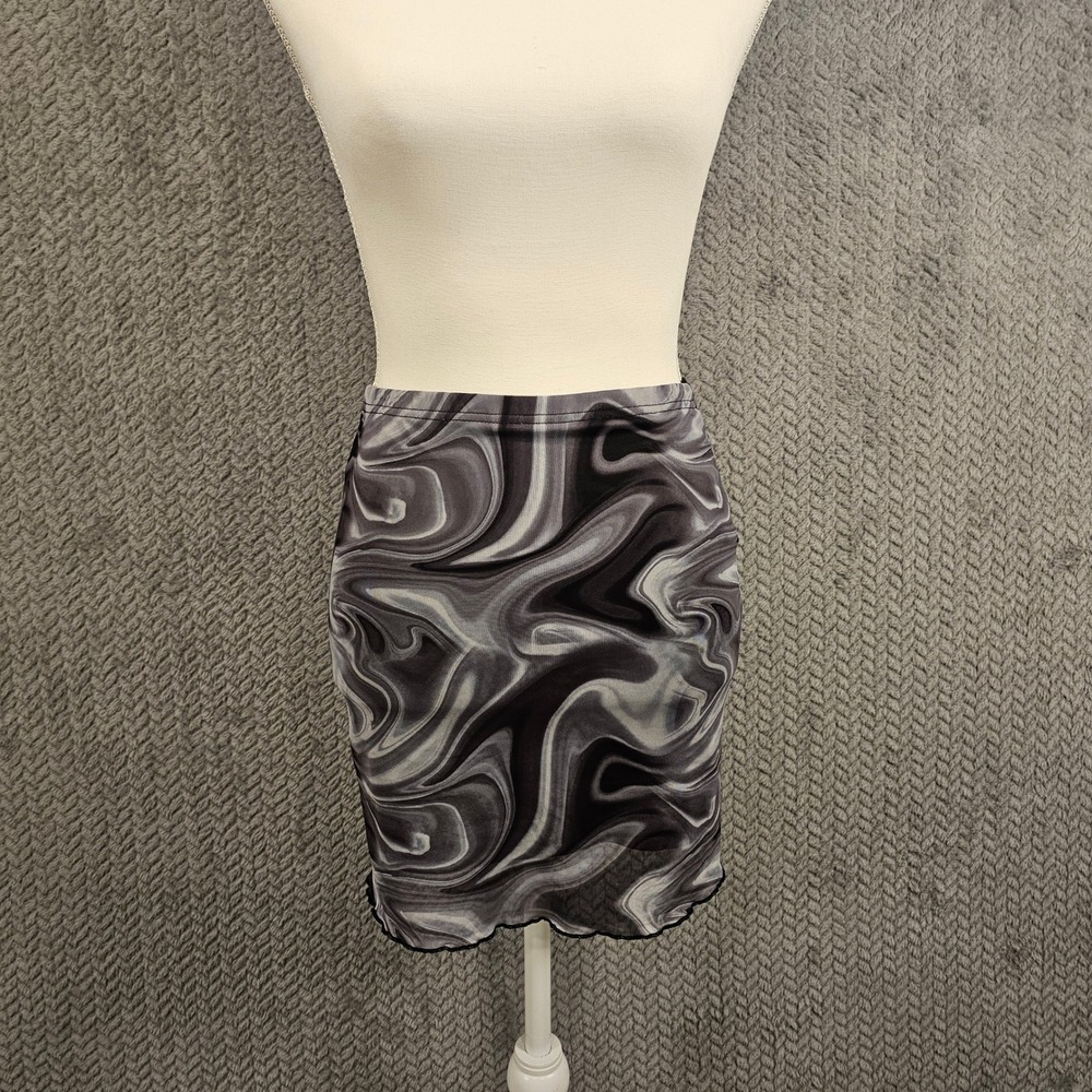 SHEIN Womens XS Grey Black Marble Swirl Mesh Mini Skirt Lettuce Edge Hem XS 2